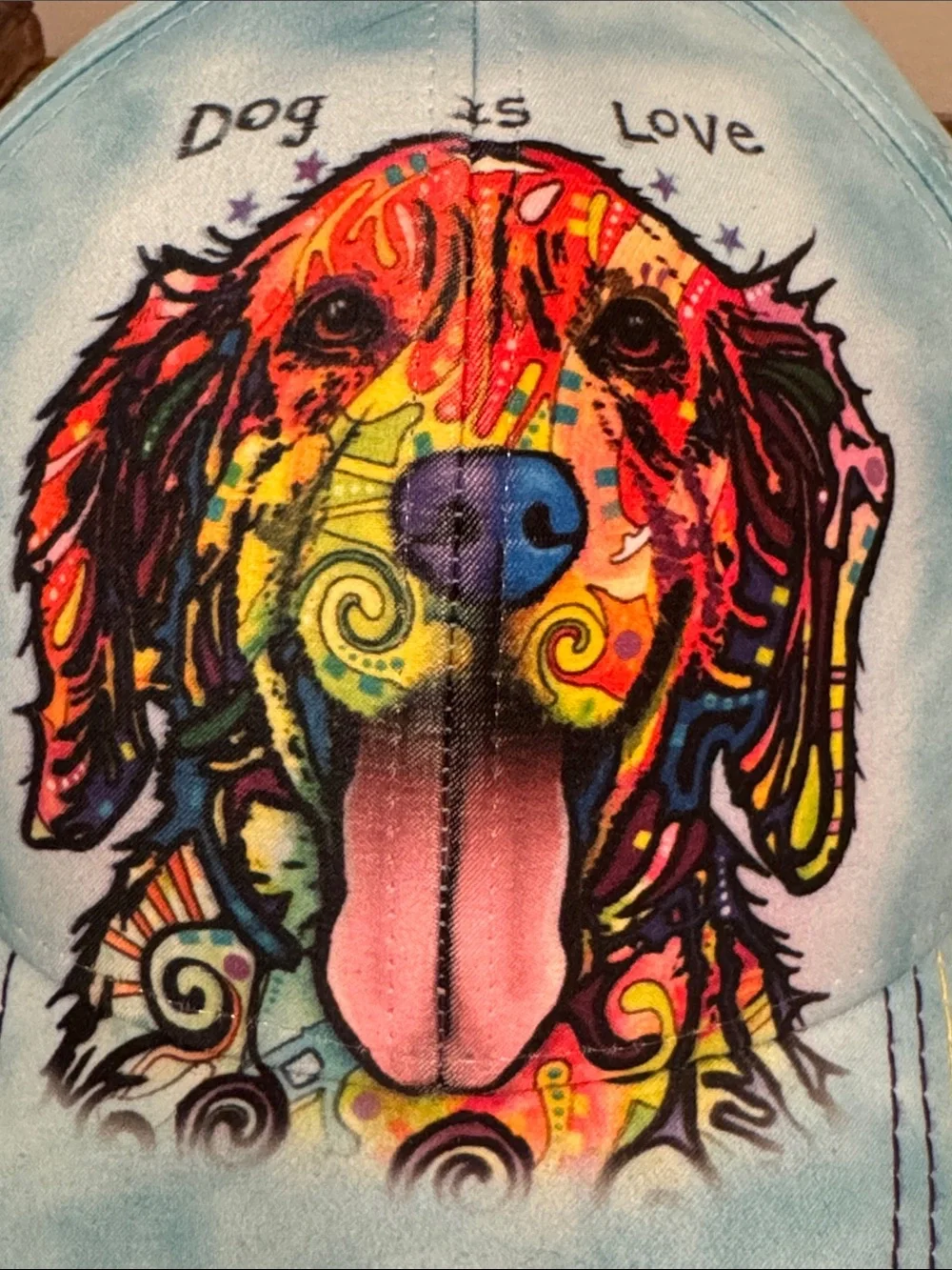 The Mountain Light Blue Baseball Cap with Vibrant Multicolor Golden Dog Art